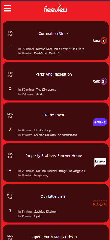 Screenshot of the NZ Freeview PWA